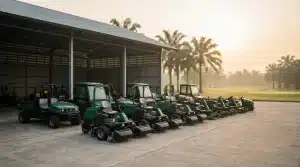 Wide shot of a fleet of golf course maintenance machinery (greens mowers, fairway mowers, utility vehicles) lined up outside a maintenance shed at a tropical Southeast Asian golf course, early morning light.