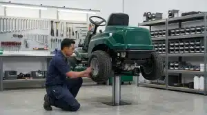A clean, well-organized turf equipment workshop with a technician servicing a greens mower on a lift, tools neatly arranged, bright and orderly, conveying disciplined preventive maintenance.